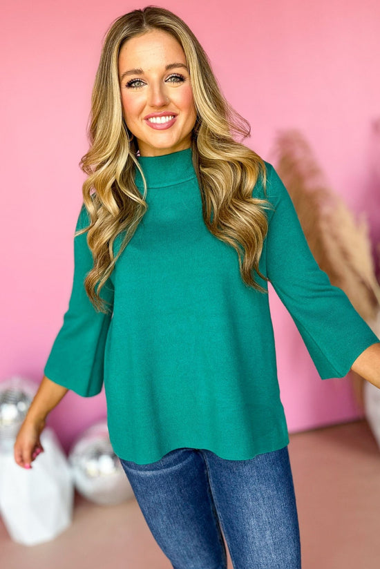 Emerald Green Mock Neck Bell Sleeve Sweater, elevated style, elevated basic, bell sleeve detail, must have basic, must have sweater, mom style, fall fashion, fall style, affordable fashion, shop style your senses by mallory fitzsimmons