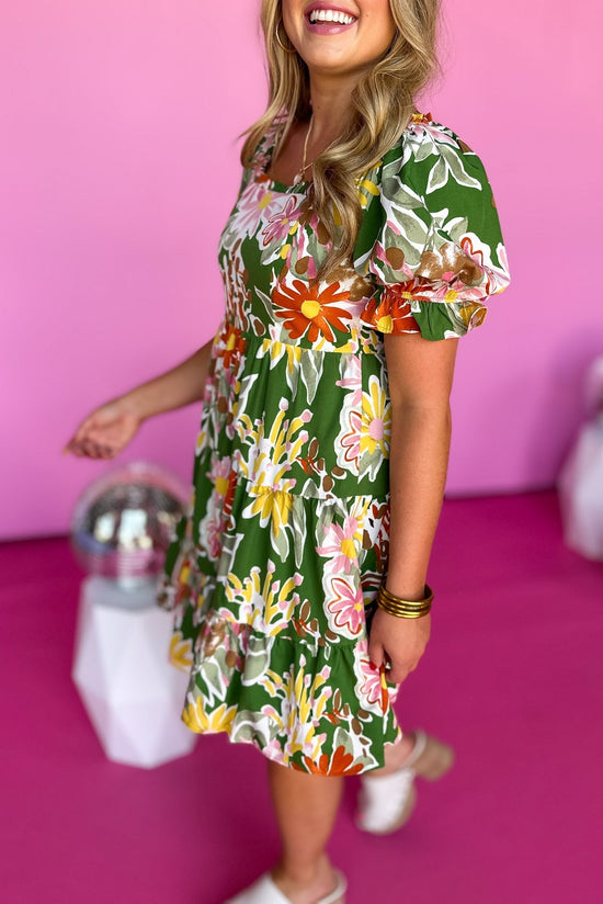 Green Floral Printed Sweetheart Neckline Smocked Back Tiered Dress, summer dress, floral dress, mom style, shop style your senses by mallory fitzsimmons