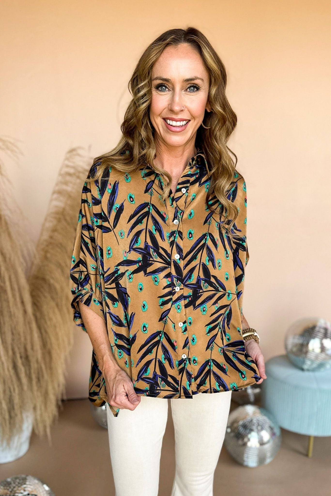 Camel Leaf Print Collared 3/4 Sleeve Tunic Top, mom chic, mom style, carpool chic, elevated style, must have top, fall top, must have fall, fall style, shop style your senses by mallory fitzsimmons