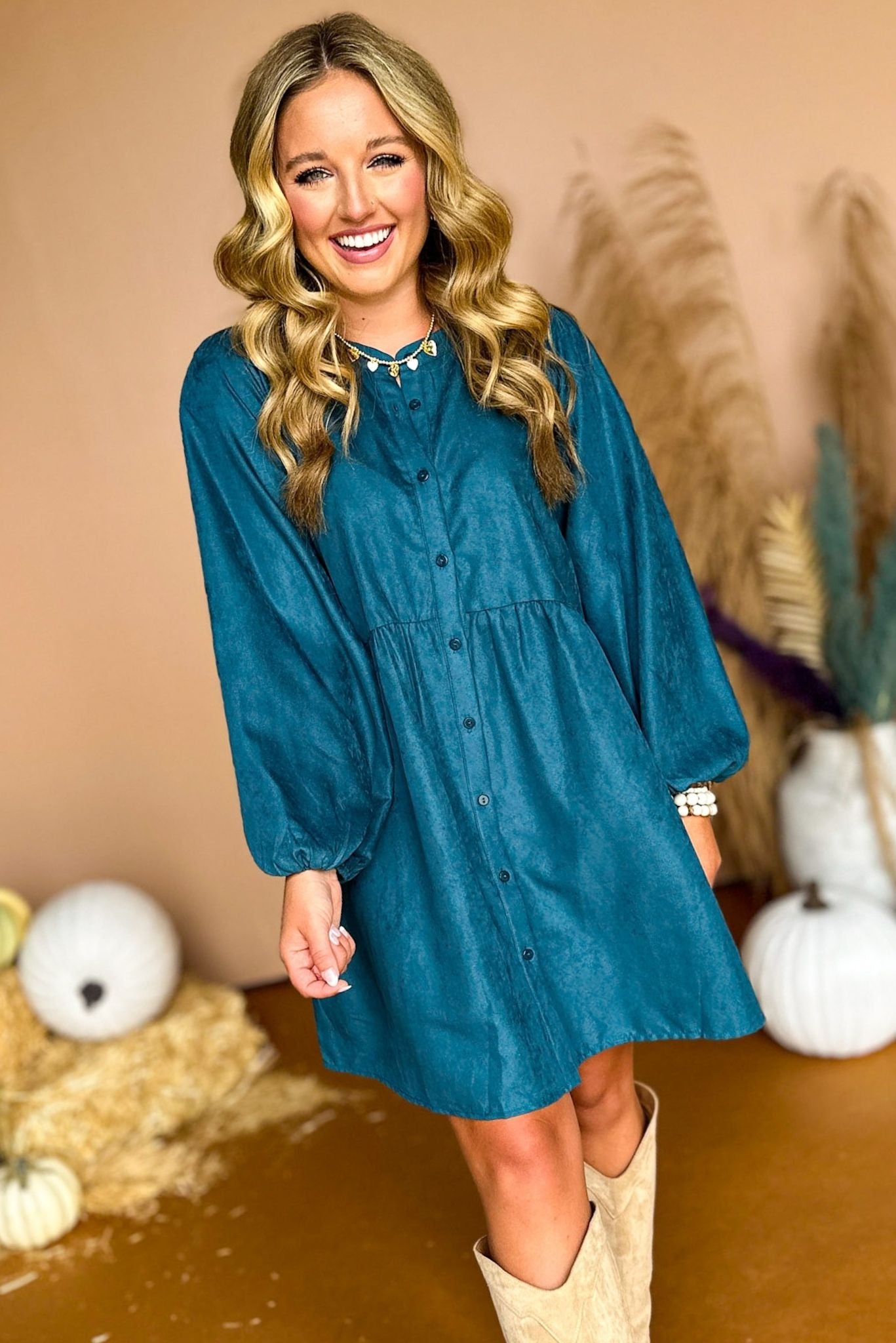 Teal Blue Button Front Long Balloon Sleeve Babydoll Dress, must have dress, must have style, fall style, fall fashion, elevated style, elevated dress, mom style, fall collection, fall dress, shop style your senses by mallory fitzsimmons
