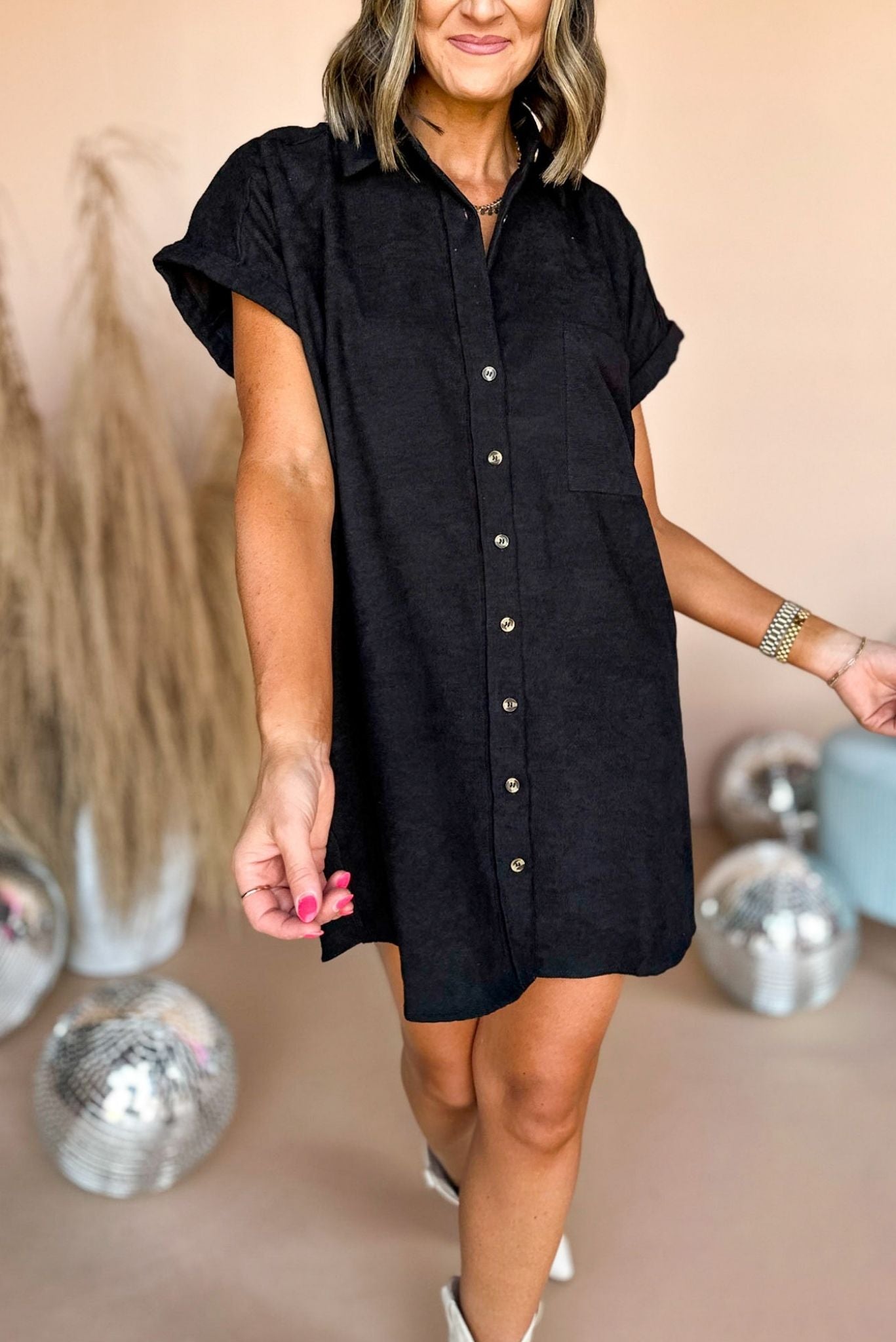 Black Corduroy Pocket Detail Button Down Dress, mom style, mom chic, carpool chic, fall style, summer to fall, elevated style, must have dress, must have fall, shop style your senses by mallory fitzsimmons