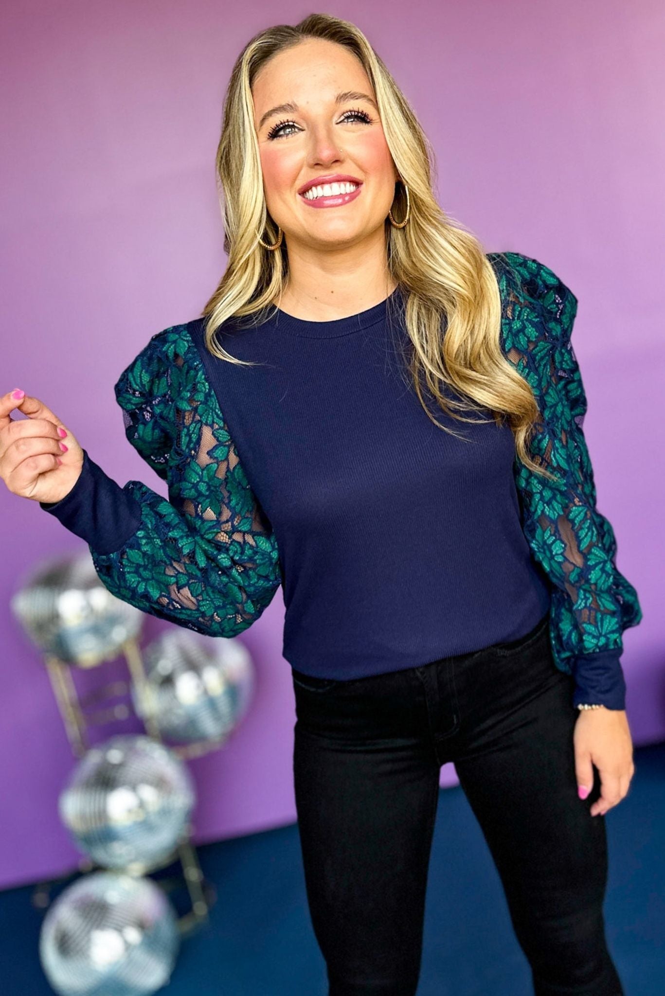 Navy Mixed Fabric Power Shoulder Long Sleeve Top, elevated top, elevaed style, must have top, must have style, fall top, printed top, mom style, fall fashion, date night top, date night style, night out top shop style your senses by mallory fitzsimmons