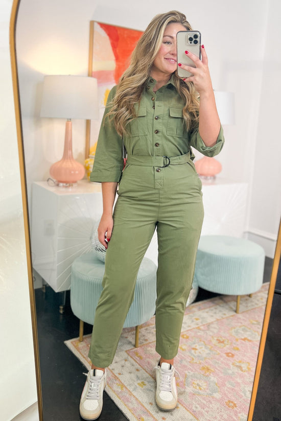 Load image into Gallery viewer, Olive Button Up Jumpsuit With Pockets *FINAL SALE*

