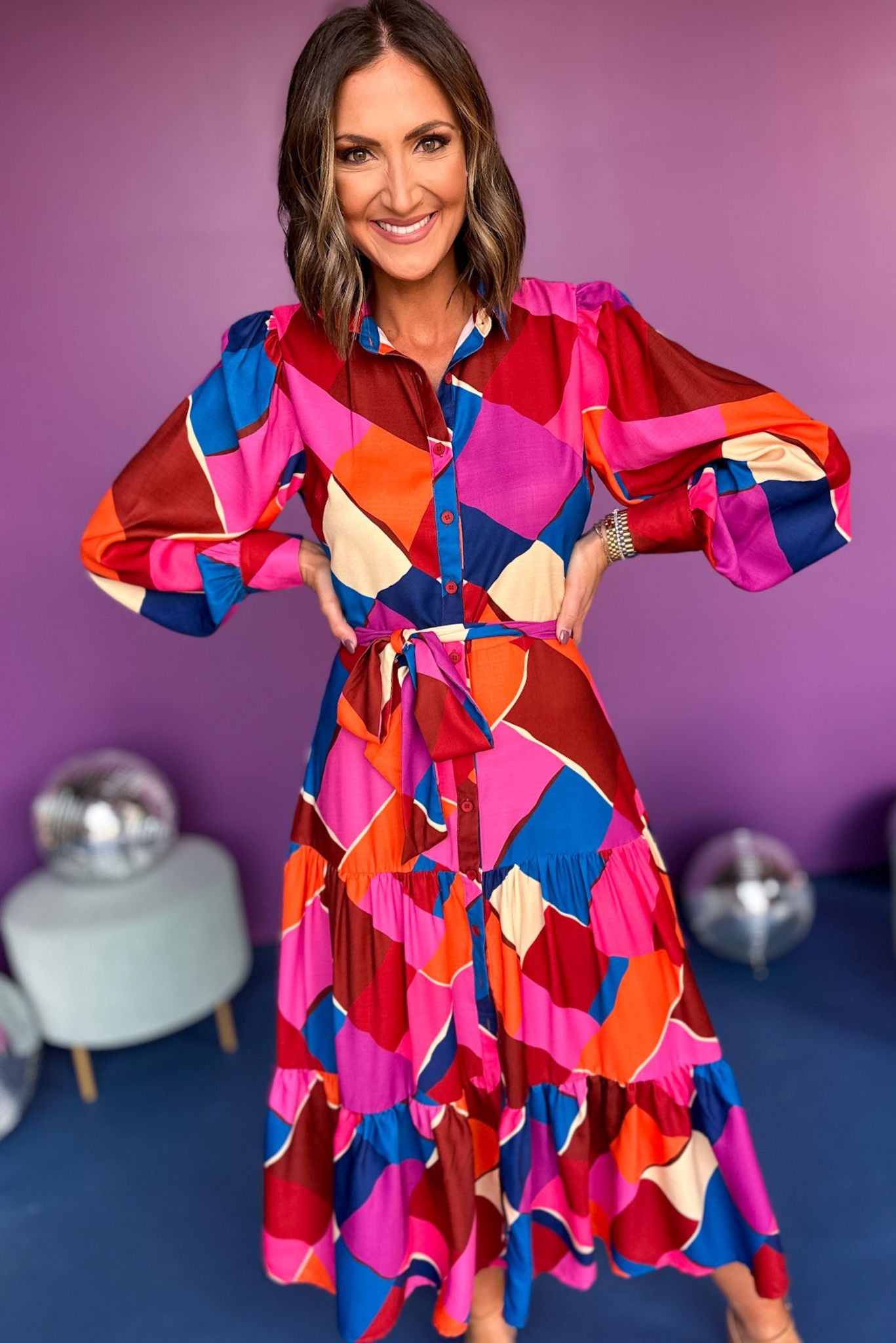 Load image into Gallery viewer, Fuchsia Abstract Printed Midi Dress, must have dress, must have style, fall style, fall fashion, elevated style, elevated dress, mom style, fall collection, fall dress, shop style your senses by mallory fitzsimmons
