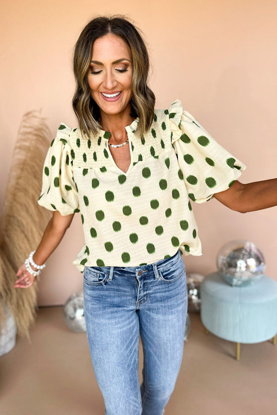 THML Cream Polka Dot Printed Puff Short Sleeve Top, thml, elevated style, mom style, must have, coming soon, shop style your senses by mallory fitzsimmons