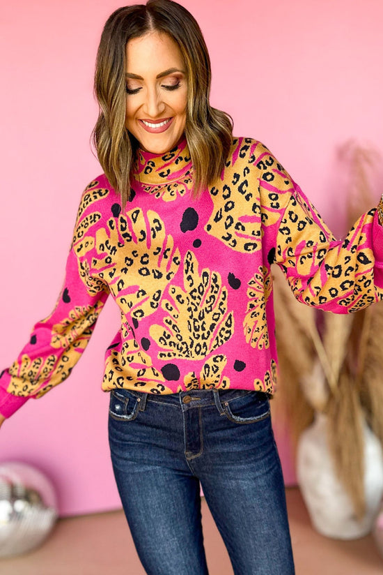 Load image into Gallery viewer, Fuchsia Mock Neck Balloon Sleeve Sweater, elevated top, must have print, printed sweater, fall style, fall top, must have fall, mom style, shop style your senses by mallory fitzsimmons
