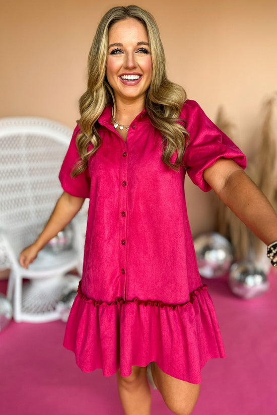 Load image into Gallery viewer, Pink Faux Suede Button Down Puff Sleeve Dress, elevated dress, elevated style, must have dress, must have style, fall dress, fall fashion, family photos dress, mom style, shop style your senses by mallory fitzsimmons
