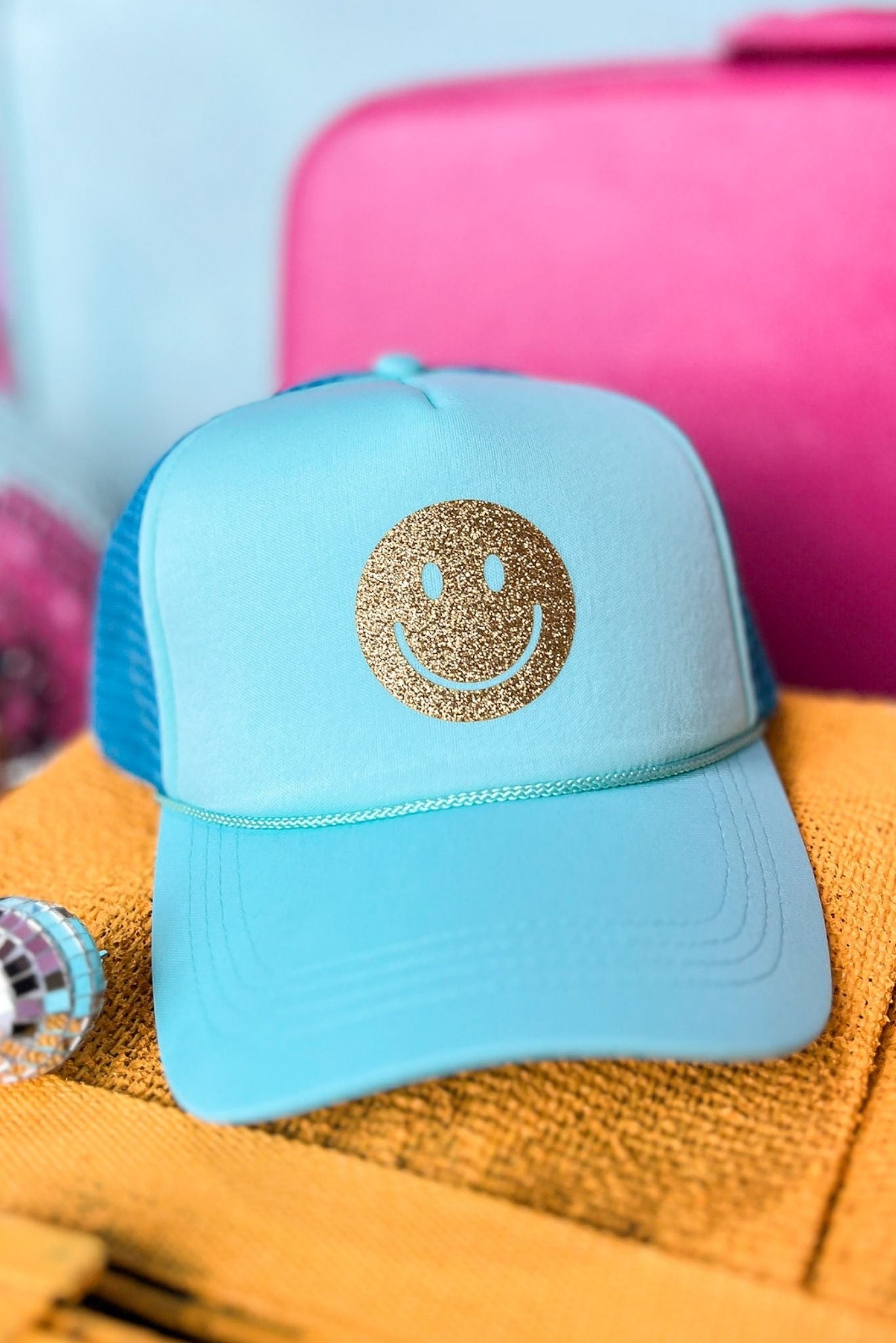 Load image into Gallery viewer,  Turquoise Glitter Smiley Trucker Hat, Accessory, Trucker Hat, Shop Style Your Senses by Mallory Fitzsimmons
