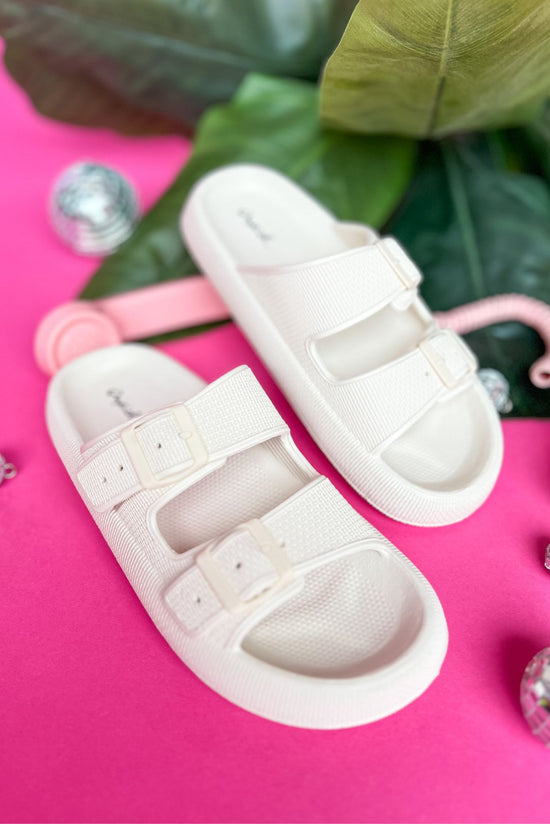 Load image into Gallery viewer, off white double buckle strap footbed sandals, summer sandal, poolside, beach shoes, casual shoes, everyday pair, mom style, shop style your senses by mallory fitzsimmons
