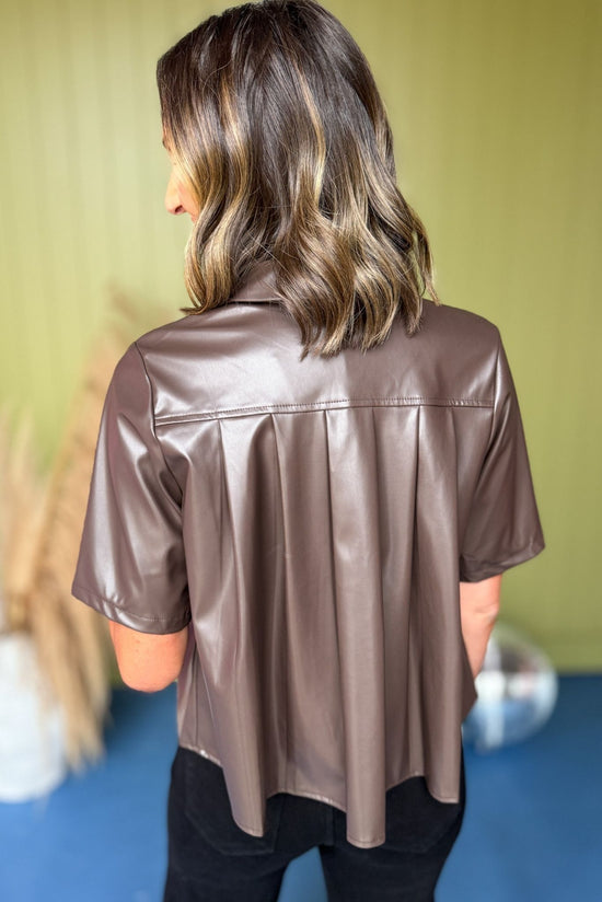 Brown Faux Leather Button Front Pleat Short Sleeve Top, must have top, must have style, fall style, fall fashion, elevated style, elevated top, mom style, fall collection, fall dress, shop style your senses by mallory fitzsimmons