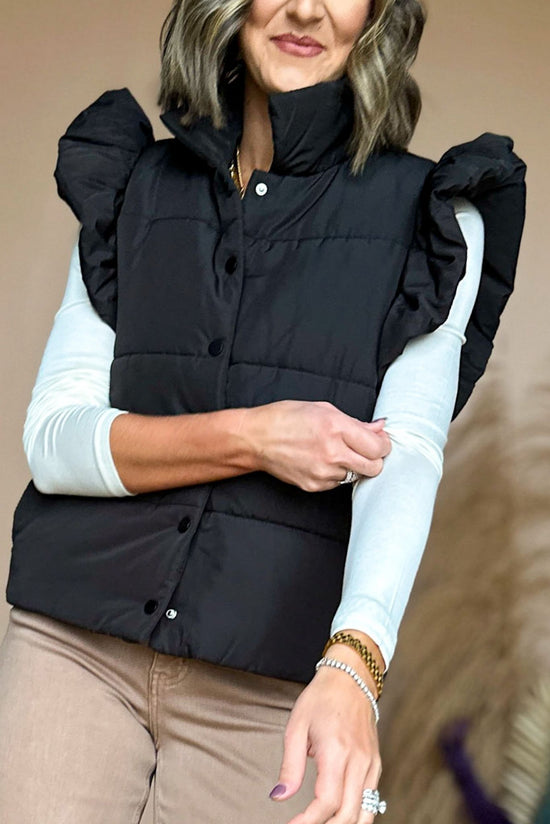 Load image into Gallery viewer, Black Quilted Ruffled Shoulder Vest, must have vest, must have style, must have fall, fall collection, fall fashion, elevated style, elevated vest, mom style, fall style, shop style your senses by mallory fitzsimmons
