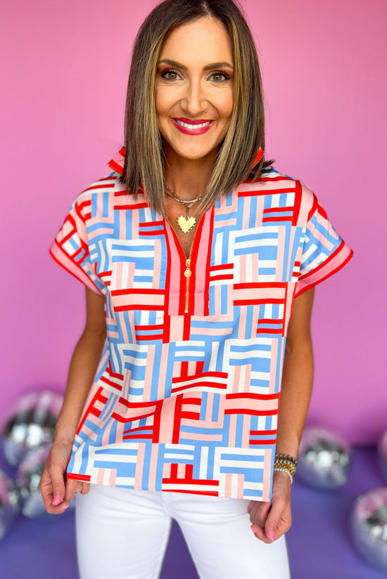 Load image into Gallery viewer,  Emily McCarthy Red Geometric Printed Split Neck Dolman Sleeve Top, collar detail, abstract print, emily mccarthy, new arrival, must have, shop style your senses by mallory fitzsimmons
