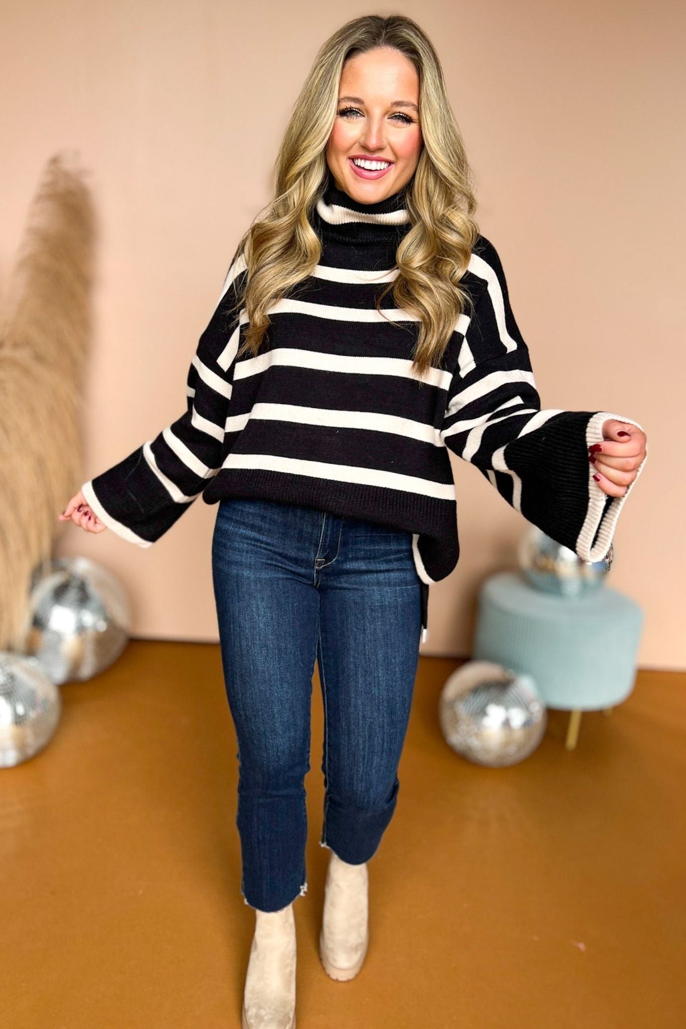 Black Striped Turtleneck Long Bell Sleeve Sweater, must have sweater, must have style, must have fall, fall collection, fall fashion, elevated style, elevated sweater, mom style, fall style, shop style your senses by mallory fitzsimmons