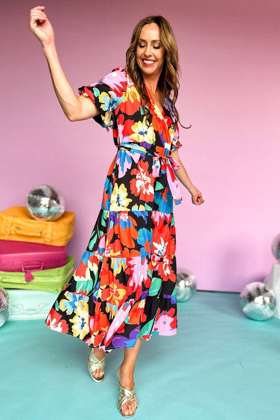 Multi Floral Printed Wrap Front Bubble Short Sleeve Dress, summer dress, elevated style, floral dress, shop style your senses by mallory fitzsimmons