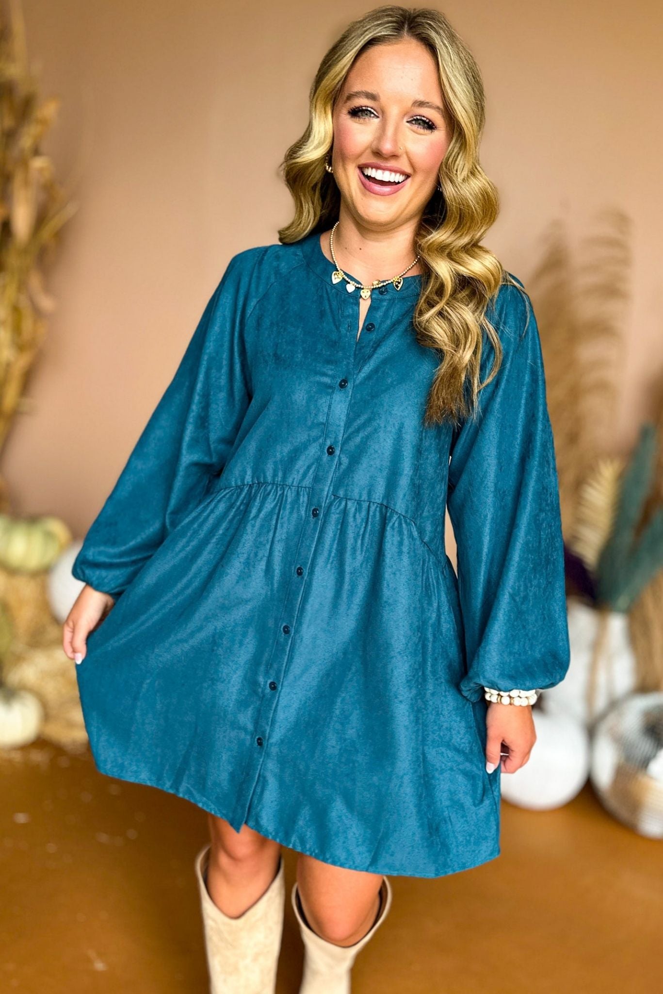 Load image into Gallery viewer,  Teal Blue Button Front Long Balloon Sleeve Babydoll Dress, must have dress, must have style, fall style, fall fashion, elevated style, elevated dress, mom style, fall collection, fall dress, shop style your senses by mallory fitzsimmons
