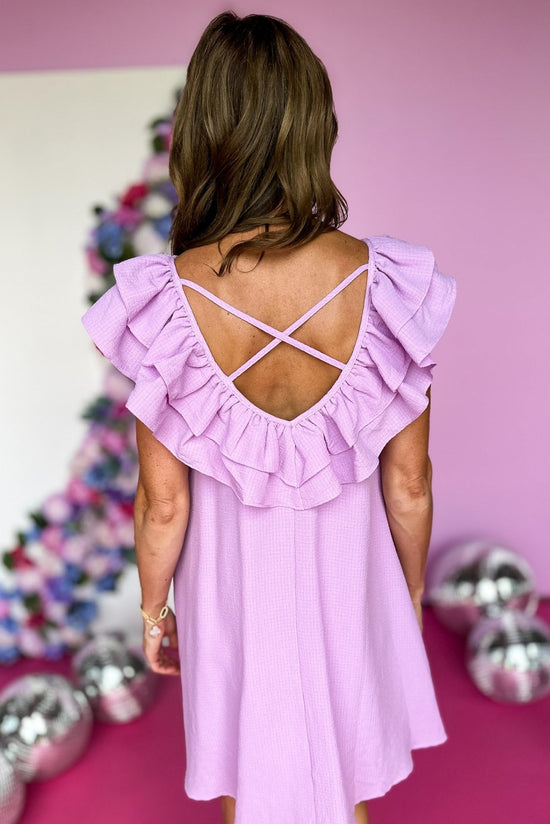Lavender Ruffle Detail Cross Back Tunic Dress, ruffle neck, criss cross back, easy fit, new arrival, summer dress, shop style your senses by mallory fitzsimmons