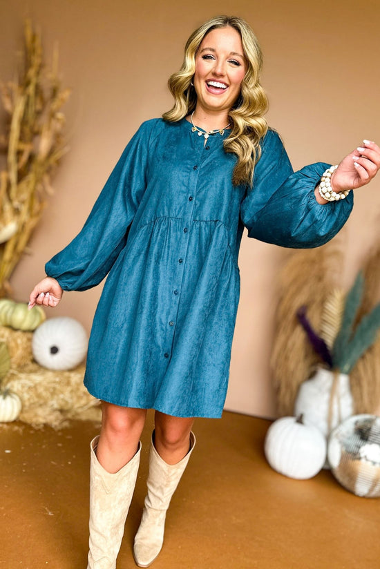Teal Blue Button Front Long Balloon Sleeve Babydoll Dress, must have dress, must have style, fall style, fall fashion, elevated style, elevated dress, mom style, fall collection, fall dress, shop style your senses by mallory fitzsimmons