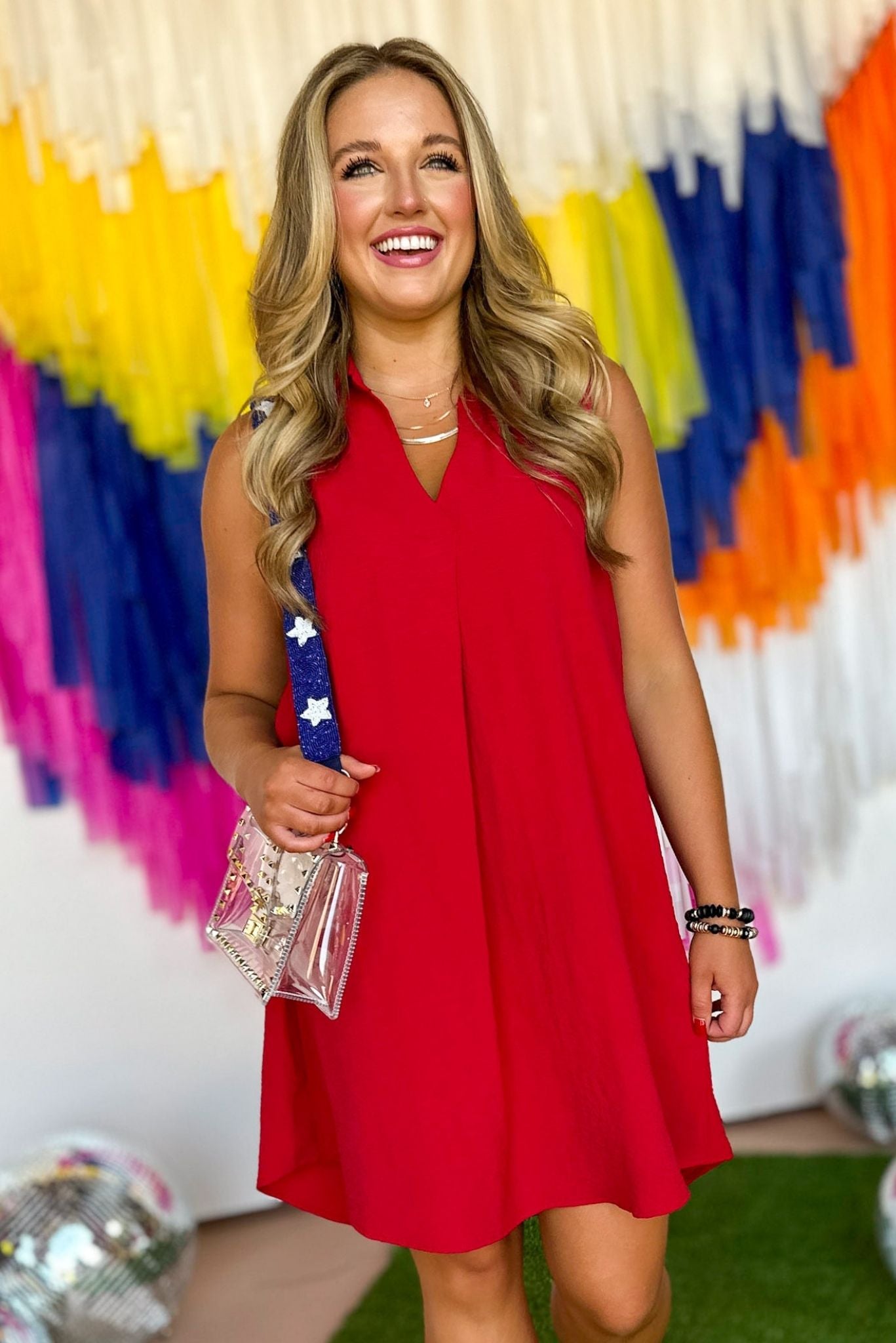 Load image into Gallery viewer, SSYS Red Sleeveless Collared Crepe Dress, game day style, gameday essential, gameday must have, elevated style, mom style, alabama gameday, georgia game day, texas tech game day, smu game day, shop style your senses by mallory fitzsimmons
