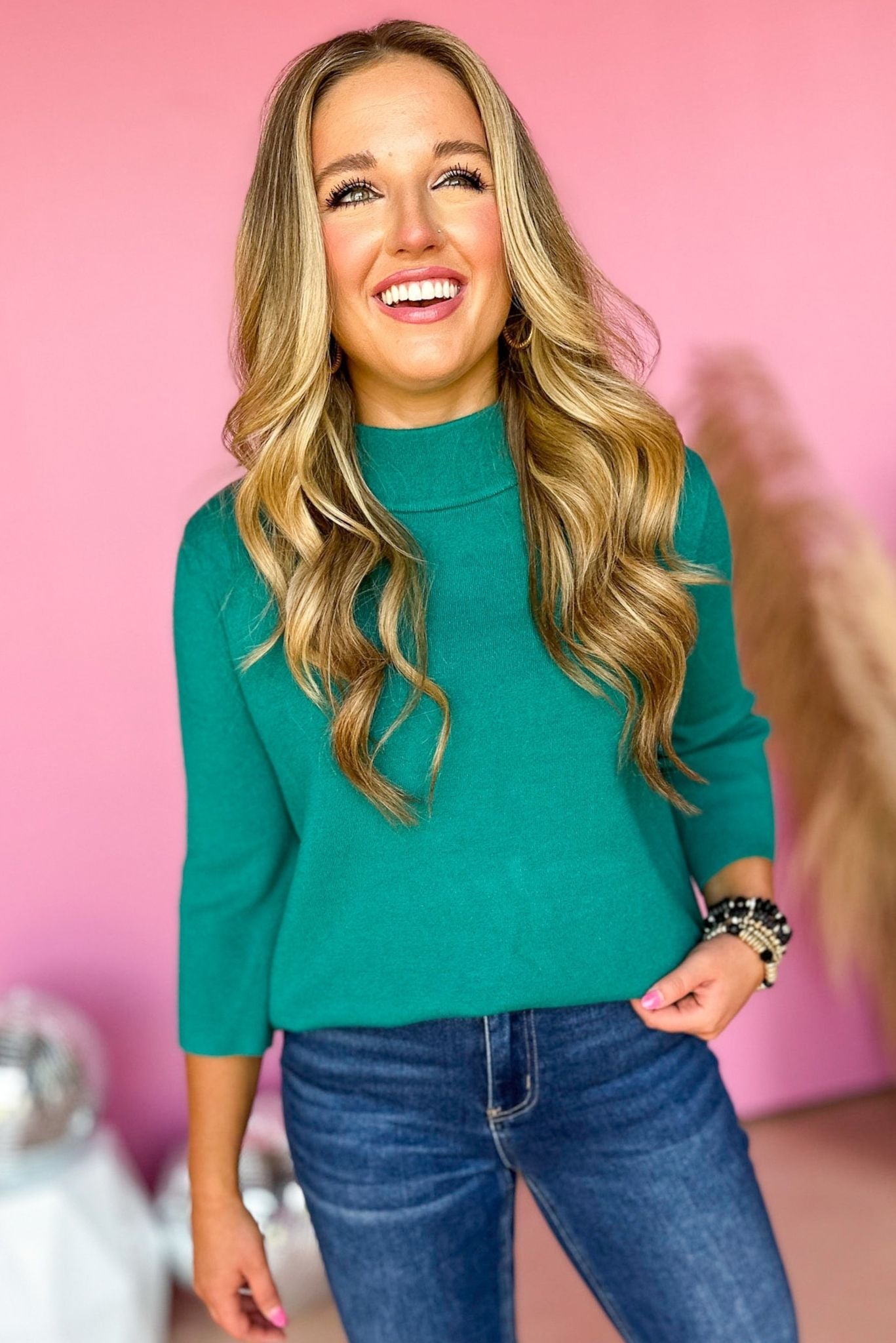 Emerald Green Mock Neck Bell Sleeve Sweater, elevated style, elevated basic, bell sleeve detail, must have basic, must have sweater, mom style, fall fashion, fall style, affordable fashion, shop style your senses by mallory fitzsimmons