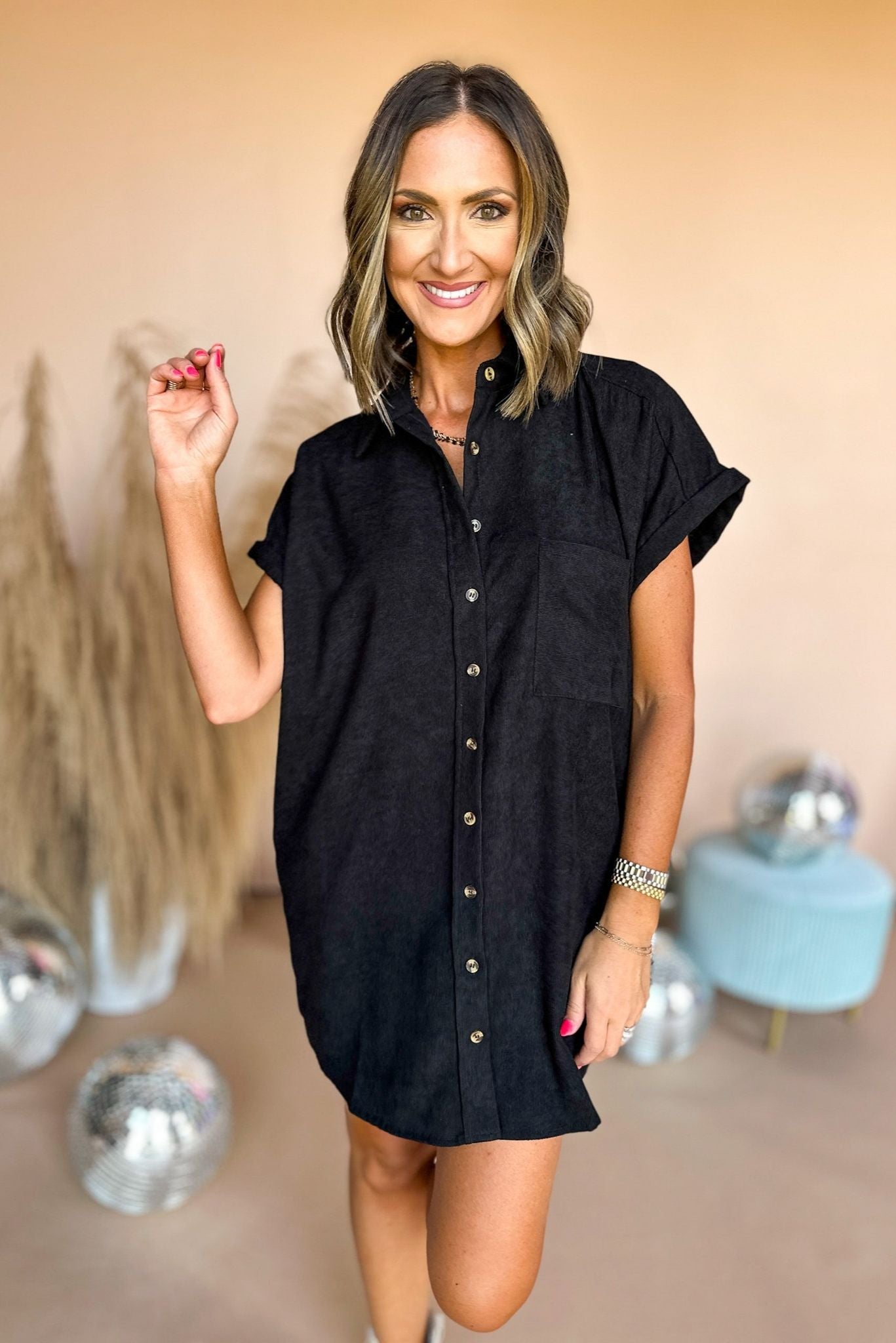 Load image into Gallery viewer, Black Corduroy Pocket Detail Button Down Dress, mom style, mom chic, carpool chic, fall style, summer to fall, elevated style, must have dress, must have fall, shop style your senses by mallory fitzsimmons
