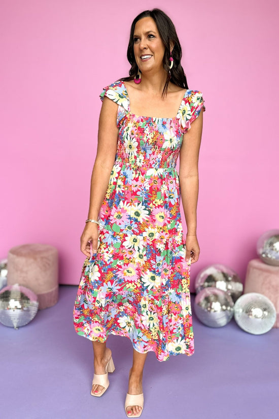 Load image into Gallery viewer, fuchsia Floral Printed Smocked Flutter Sleeve Tiered Midi Dress, smocked, floral, ruffle sleeve, tiered, summer look, shop style your senses by mallory fitzsimmons
