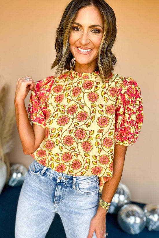 Load image into Gallery viewer, THML Yellow Floral Printed Embroidered Short Sleeve Top, elevated top, elevaed style, must have top, must have style, fall top, printed top, mom style, fall fashion, shop style your senses by mallory fitzsimmons
