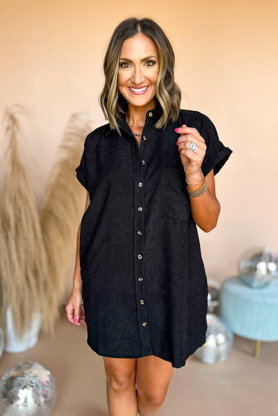 Load image into Gallery viewer, Black Corduroy Pocket Detail Button Down Dress, mom style, mom chic, carpool chic, fall style, summer to fall, elevated style, must have dress, must have fall, shop style your senses by mallory fitzsimmons
