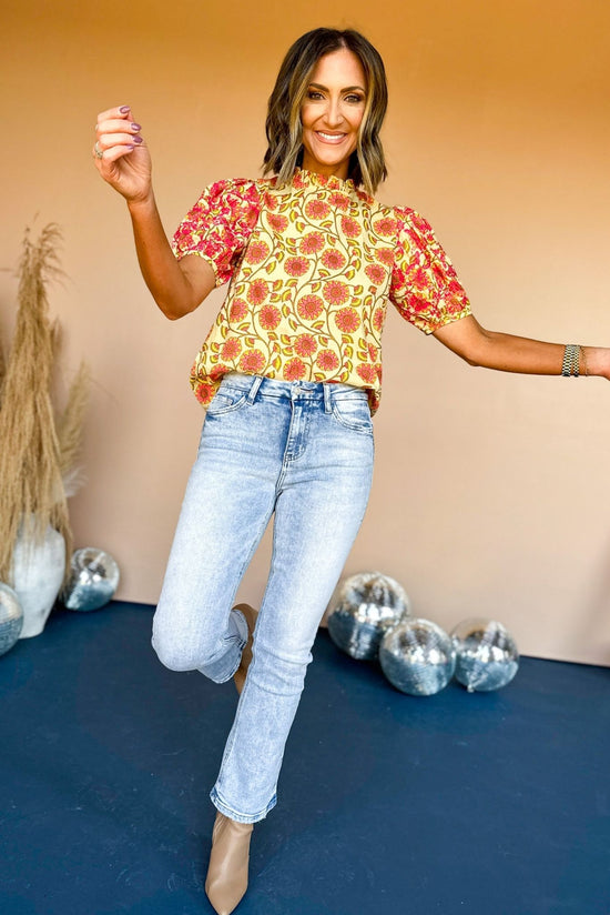 THML Yellow Floral Printed Embroidered Short Sleeve Top, elevated top, elevaed style, must have top, must have style, fall top, printed top, mom style, fall fashion, shop style your senses by mallory fitzsimmons