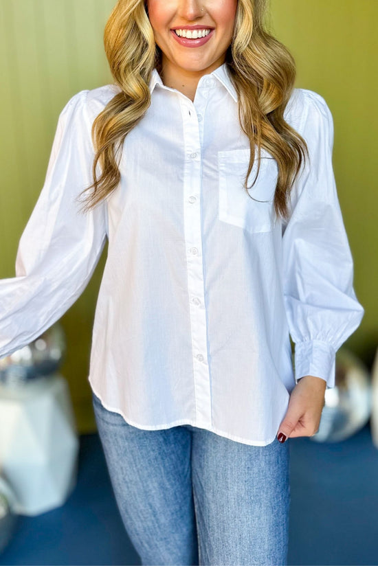 Load image into Gallery viewer, White Collared Button Down Top, must have top, must have style, must have holiday, fall collection, fall fashion, elevated style, elevated top, mom style, fall style, shop style your senses by mallory fitzsimmons
