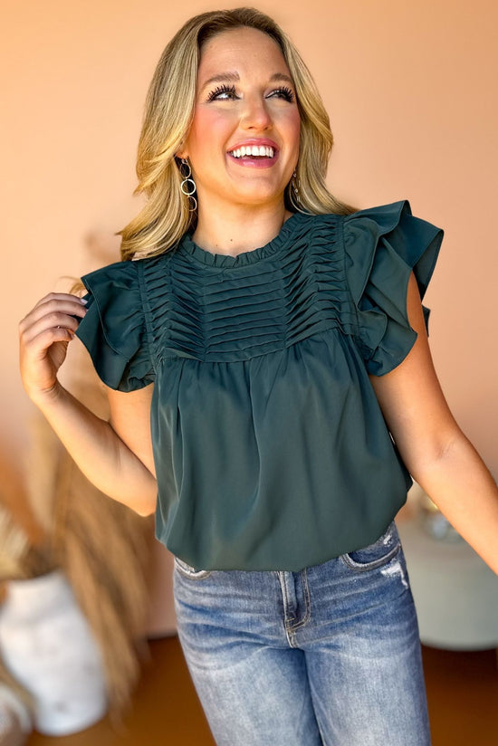 Forest Green Pleated Double Ruffle Short Sleeve Top, must have top, must have style, must have fall, fall collection, fall fashion, elevated style, elevated top, mom style, fall style, shop style your senses by mallory fitzsimmons