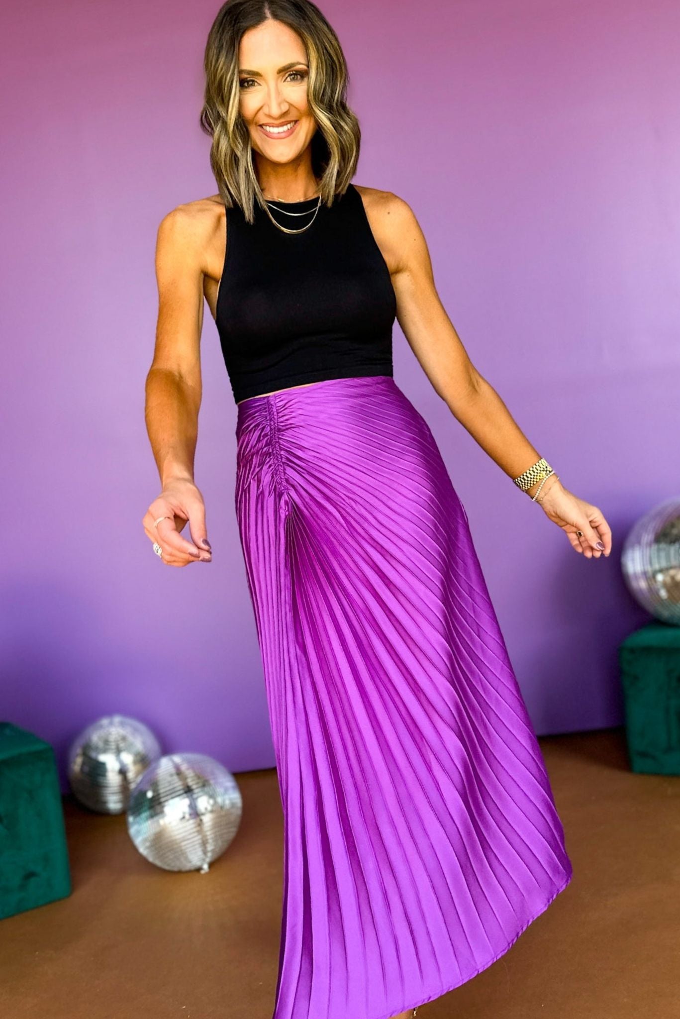 Load image into Gallery viewer, Purple Pleated Ruched Detail Midi Skirt, must have skirt, asymmetrical skirt, pleated skirt, formal skirt, event style, fall style, elevated style, elevated skirt, mom style, shop style your senses by mallory fitzsimmons
