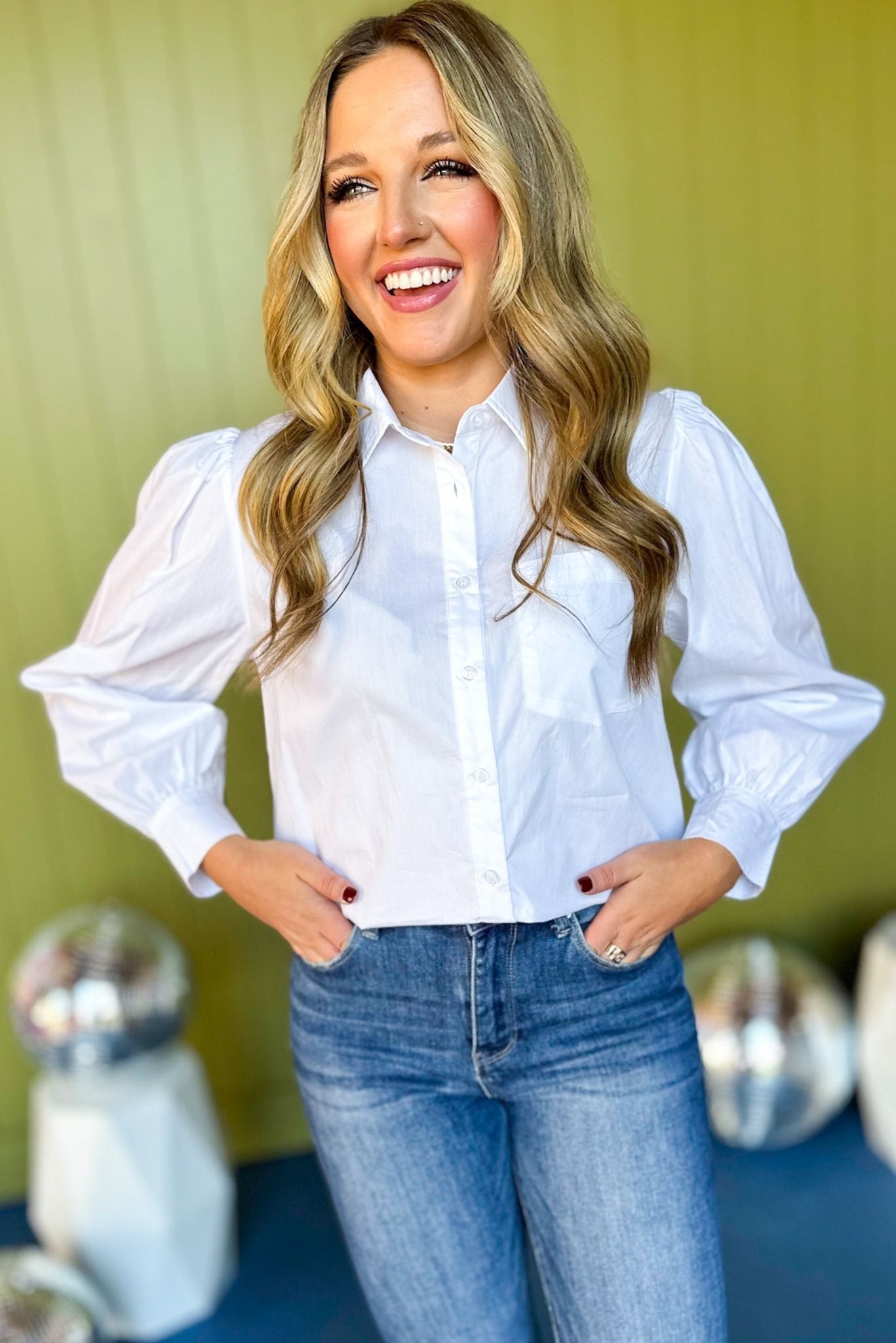 Load image into Gallery viewer, White Collared Button Down Top, must have top, must have style, must have holiday, fall collection, fall fashion, elevated style, elevated top, mom style, fall style, shop style your senses by mallory fitzsimmons

