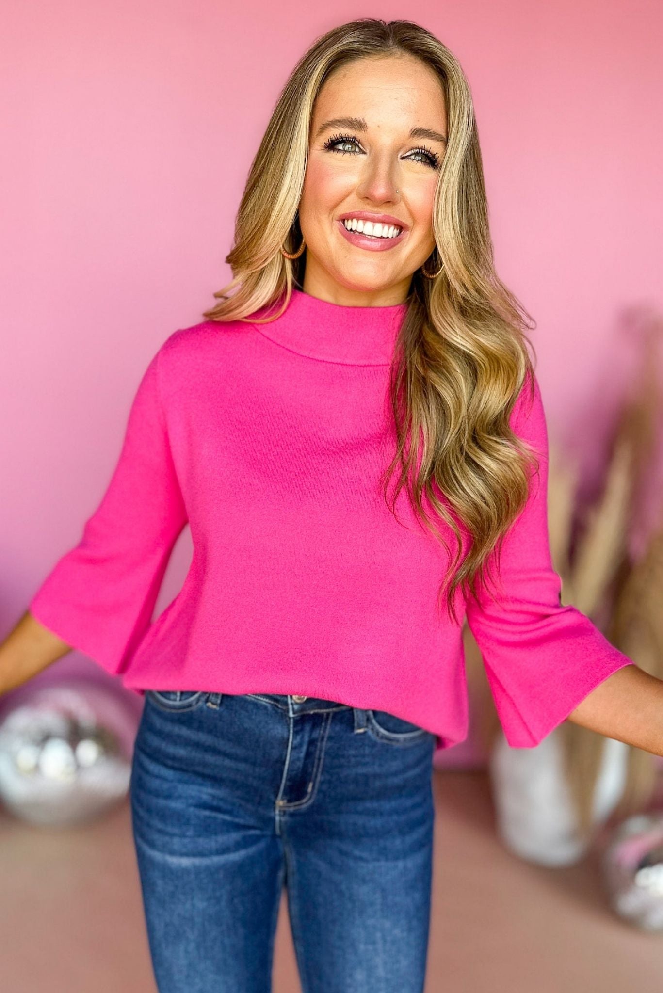 Load image into Gallery viewer, Fuchsia Mock Neck Bell Sleeve Sweater, elevated style, elevated basic, bell sleeve detail, must have basic, must have sweater, mom style, fall fashion, fall style, affordable fashion, shop style your senses by mallory fitzsimmons
