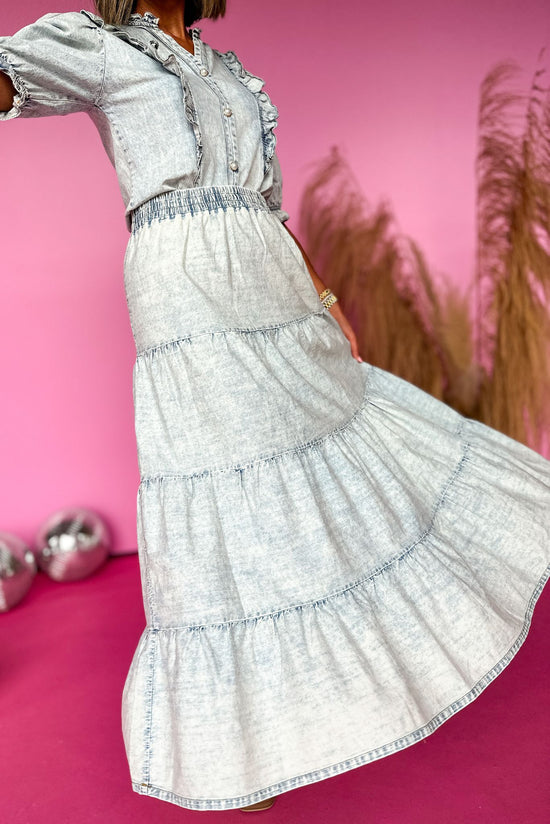 Load image into Gallery viewer, SSYS Acid Wash Chambray Tiered Maxi Skirt, elevated style, mom style, SSYS, maxi skirt, shop style your senses by mallory fitzsimmons
