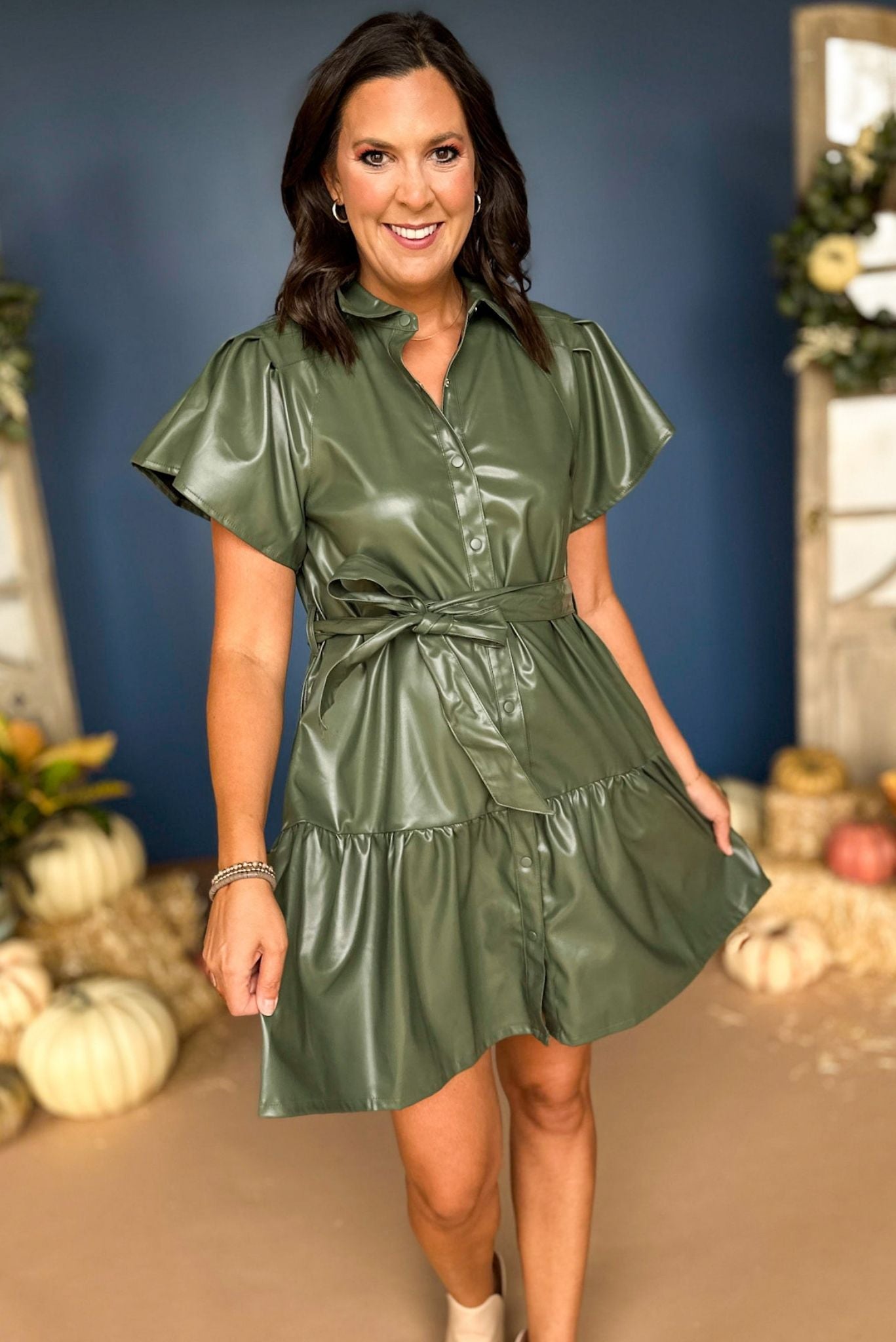 Load image into Gallery viewer, Olive Faux Leather Flutter Sleeve Button Front Dress, must have dress, must have style, fall style, fall fashion, elevated style, elevated dress, mom style, fall collection, fall dress, shop style your senses by mallory fitzsimmons
