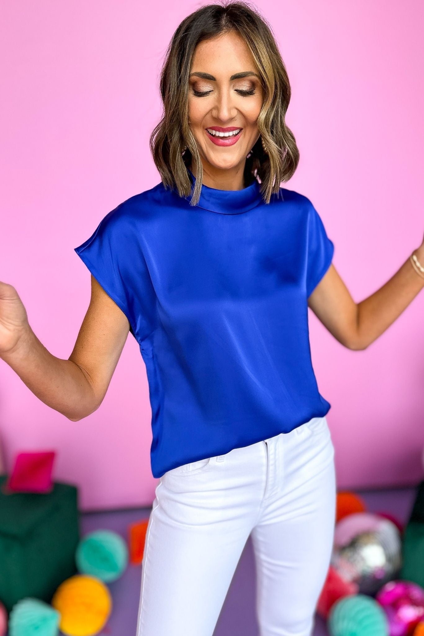 Load image into Gallery viewer, Blue Fold Down Collar Short Sleeve Satin Top, satin top, short sleeve, office look, must have, new arrival, shop style your senses by mallory fitzsimmons
