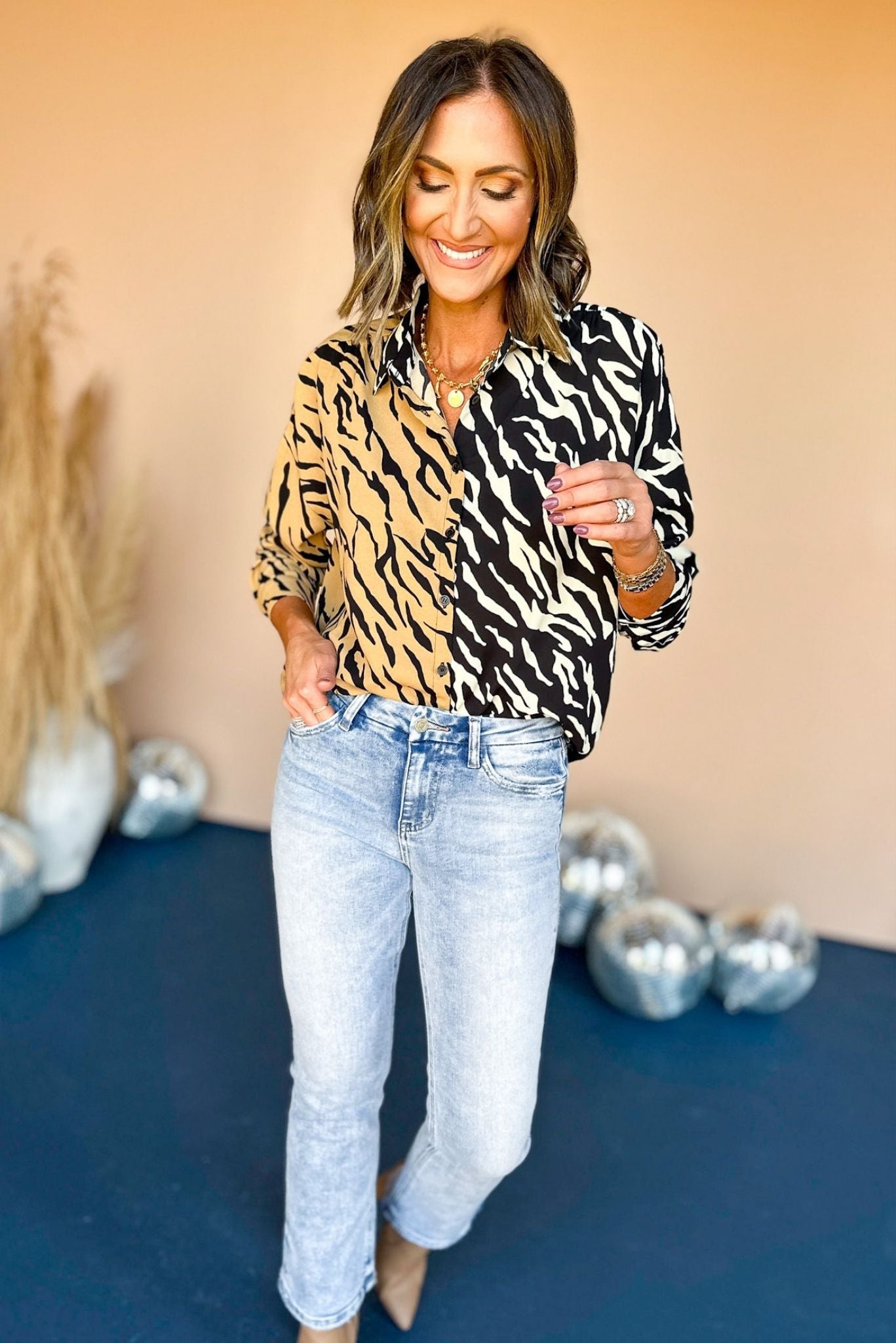 Brown Black Animal Printed Contrast Button Front Top, elevated top, elevaed style, must have top, must have style, fall top, printed top, mom style, fall fashion, shop style your senses by mallory fitzsimmons