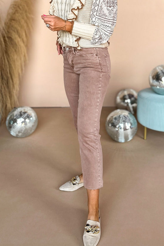Load image into Gallery viewer, Vervet Tan Washed Mid Rise Raw Hem Straight Leg Jeans, raw hem, mid rise, fall jeans, transitional jeans, new arrivals, must have, shop style your senses by mallory fitzsimmons
