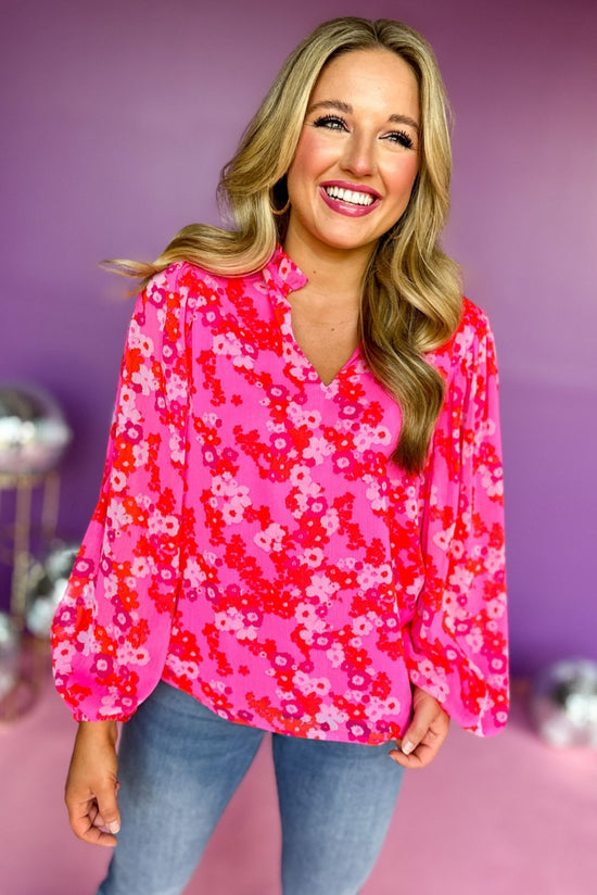 Fuchsia Floral Printed Split Neck Long Sleeve Top, elevated top, elevated style, mom style, fun mom style, fall top, fall style, printed top, floral top, must have print, must have style, must have top, shop style your senses by mallory fitzsimmons