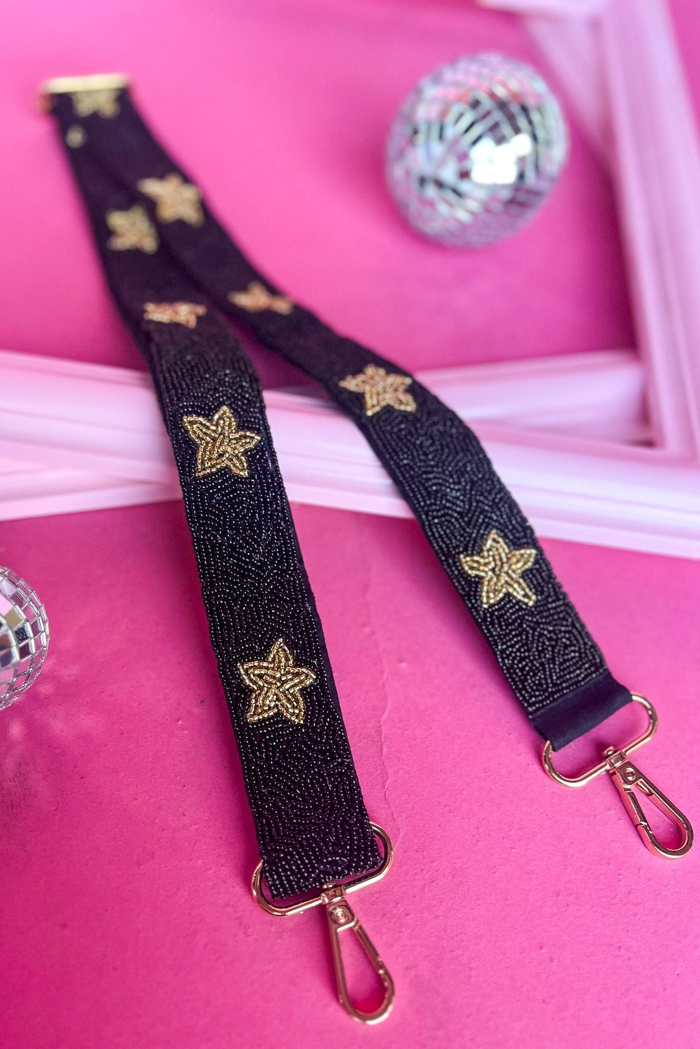 Black Gold Star Seed Beaded Bag Strap, accessories, bag strap, shop style your senses by mallory fitzsimmons