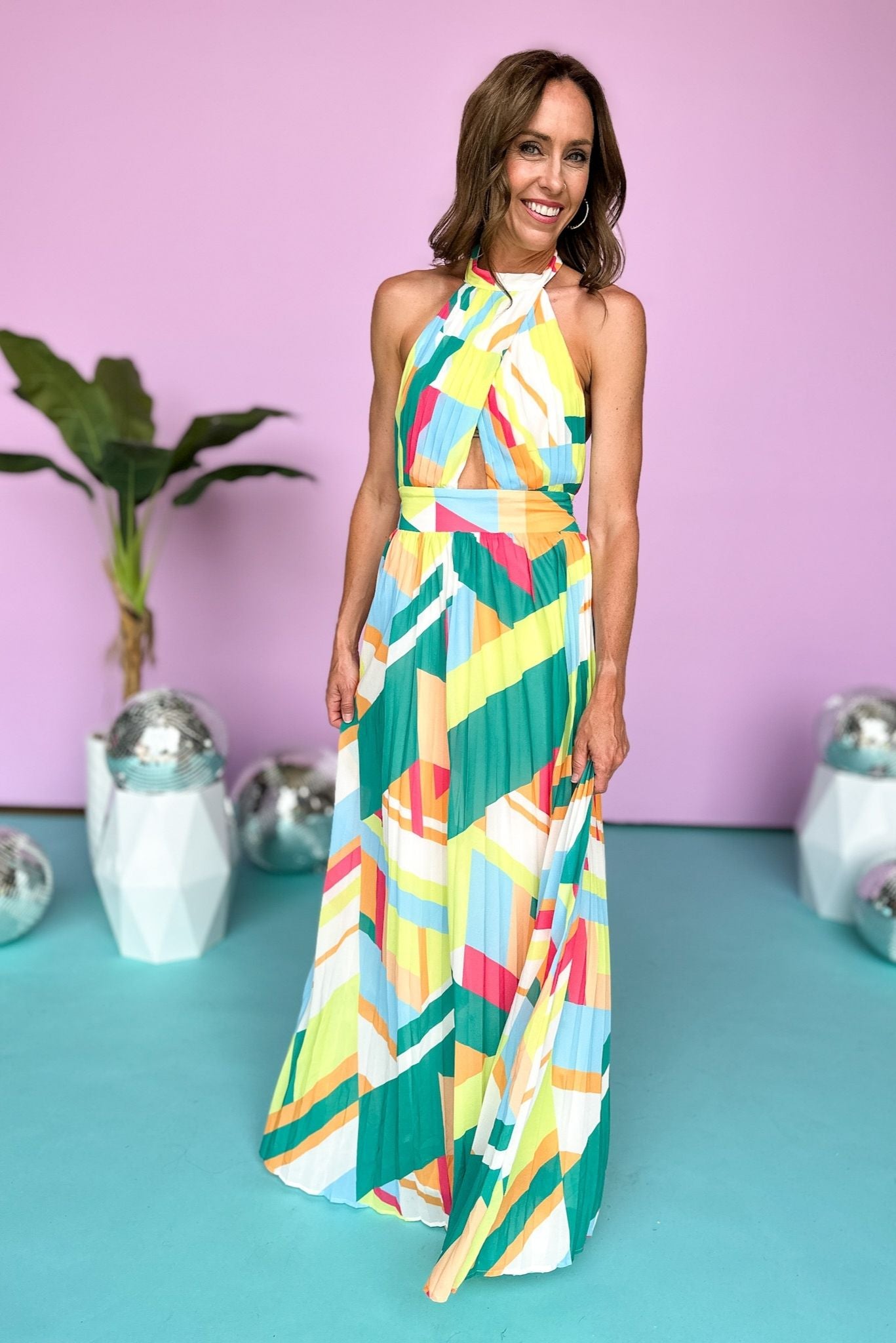 Ivory Green Abstract Printed Halter Cut Out Pleated Maxi Dress, Printed Dress, Maxi Dress, Summer Dress, Summer Style, Mom Style, Shop Style Your Senses by Mallory Fitzsimmons