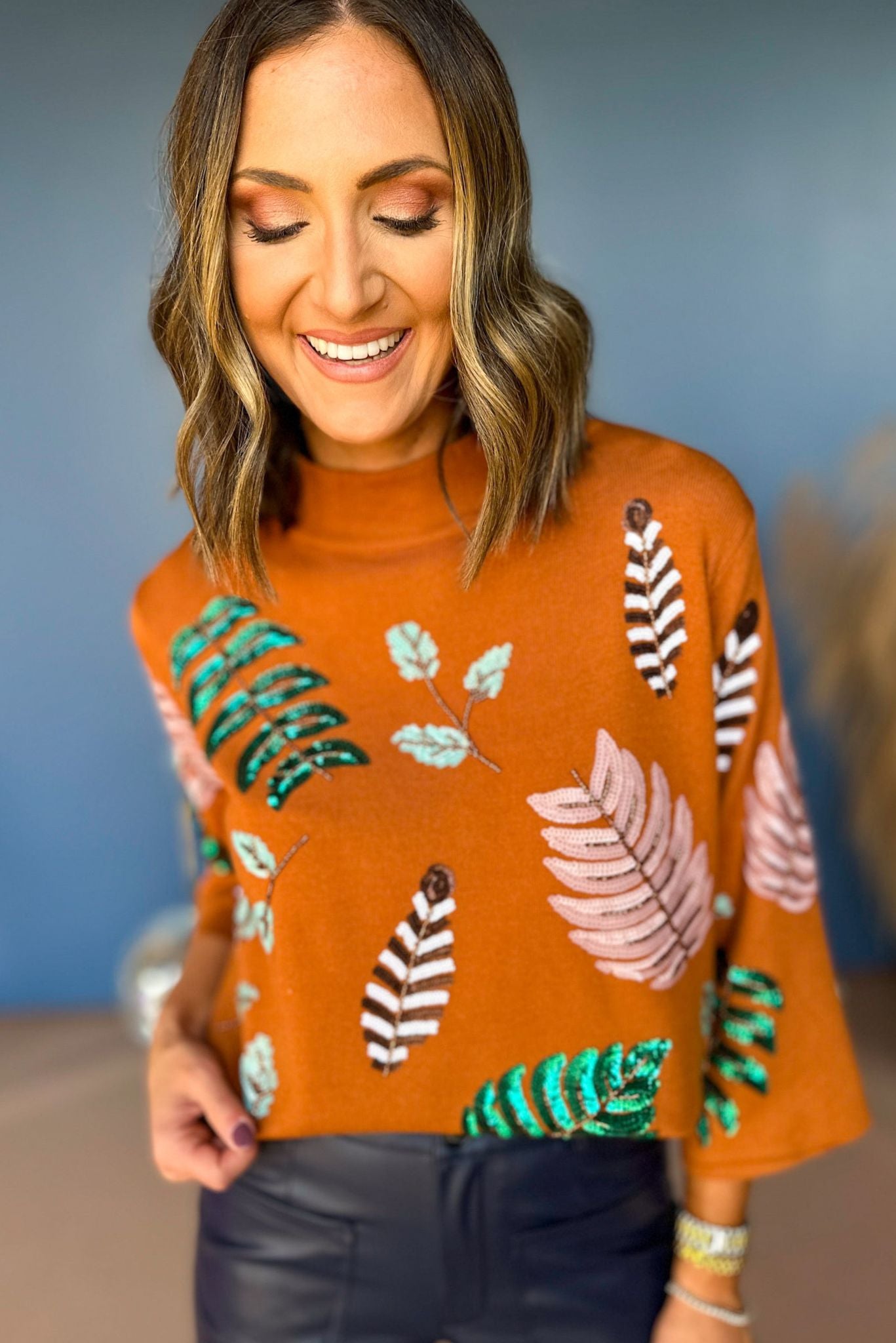 Tan Leaf Printed Embellished Mock Neck Sweater, elevated top, must have top, must have style, must have print, elevated style, mom style, fall sweater, fall style, must have fall, sequin detial, shop style your senses by mallory fitzsimmons