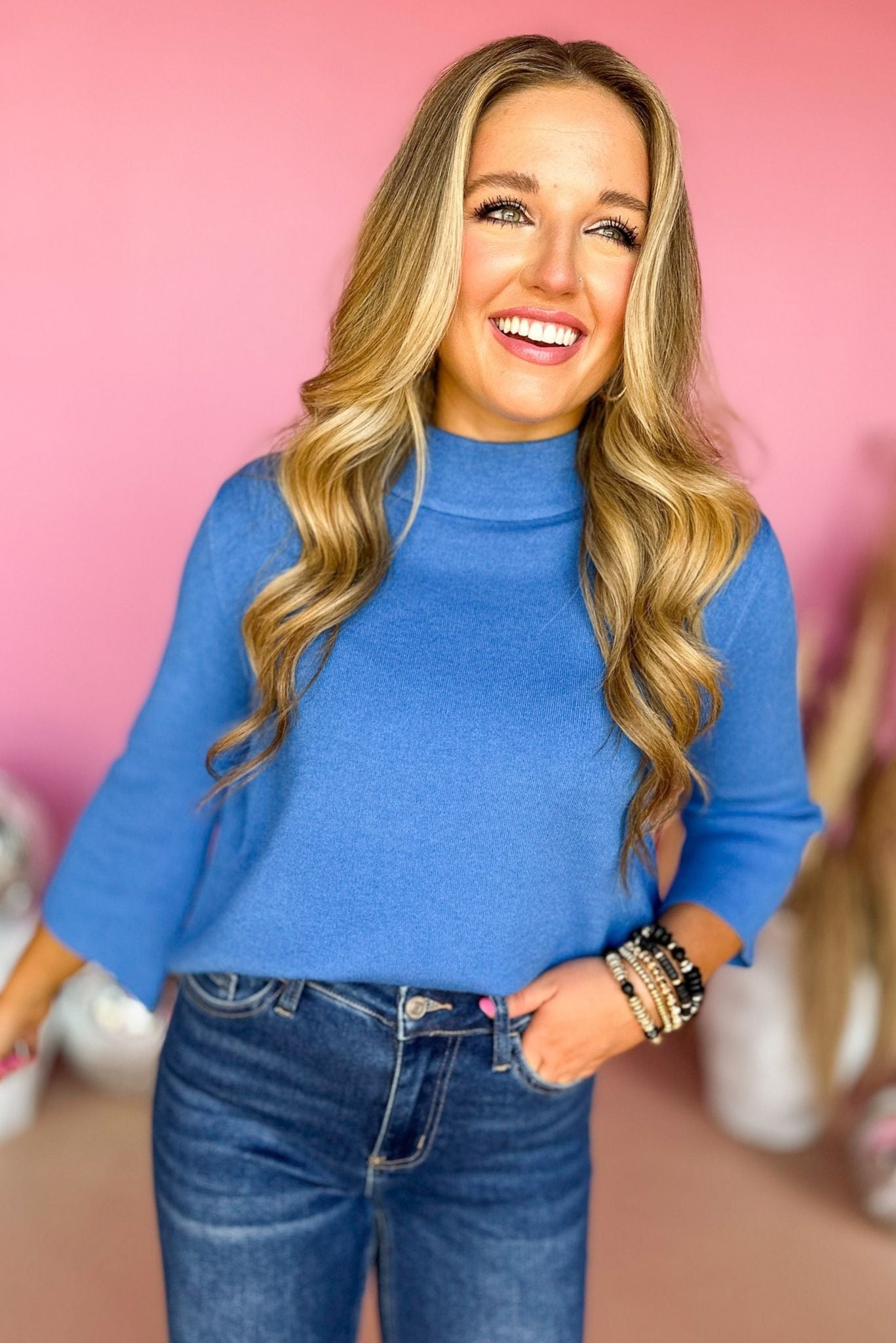 Blue Mock Neck Bell Sleeve Sweater, elevated style, elevated basic, bell sleeve detail, must have basic, must have sweater, mom style, fall fashion, fall style, affordable fashion, shop style your senses by mallory fitzsimmons
