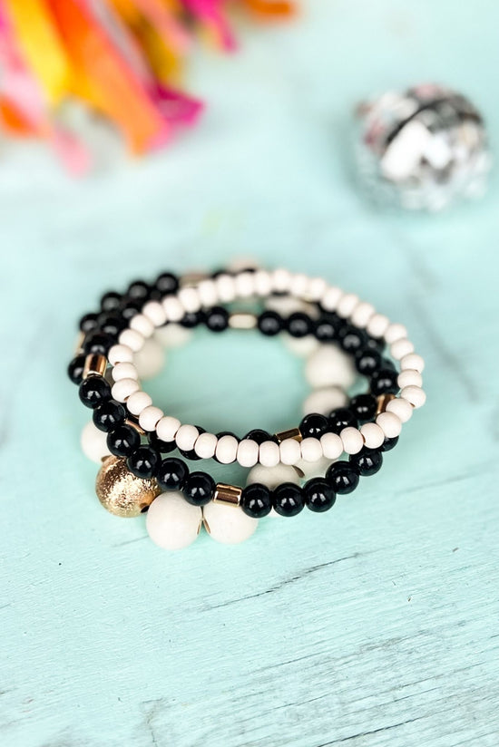 Load image into Gallery viewer, Black Cream Wood Metal Ball Resin Beaded Stretch Bracelets *FINAL SALE*
