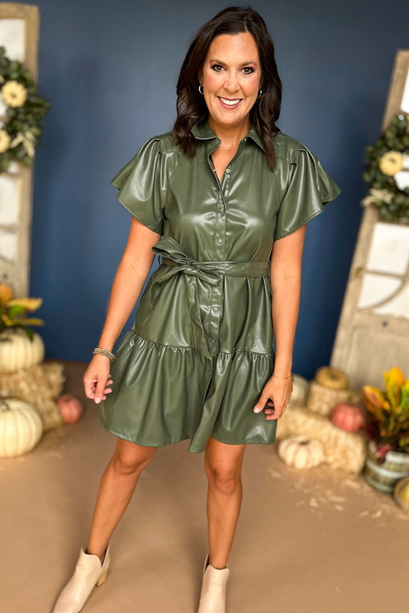 Load image into Gallery viewer, Olive Faux Leather Flutter Sleeve Button Front Dress, must have dress, must have style, fall style, fall fashion, elevated style, elevated dress, mom style, fall collection, fall dress, shop style your senses by mallory fitzsimmons
