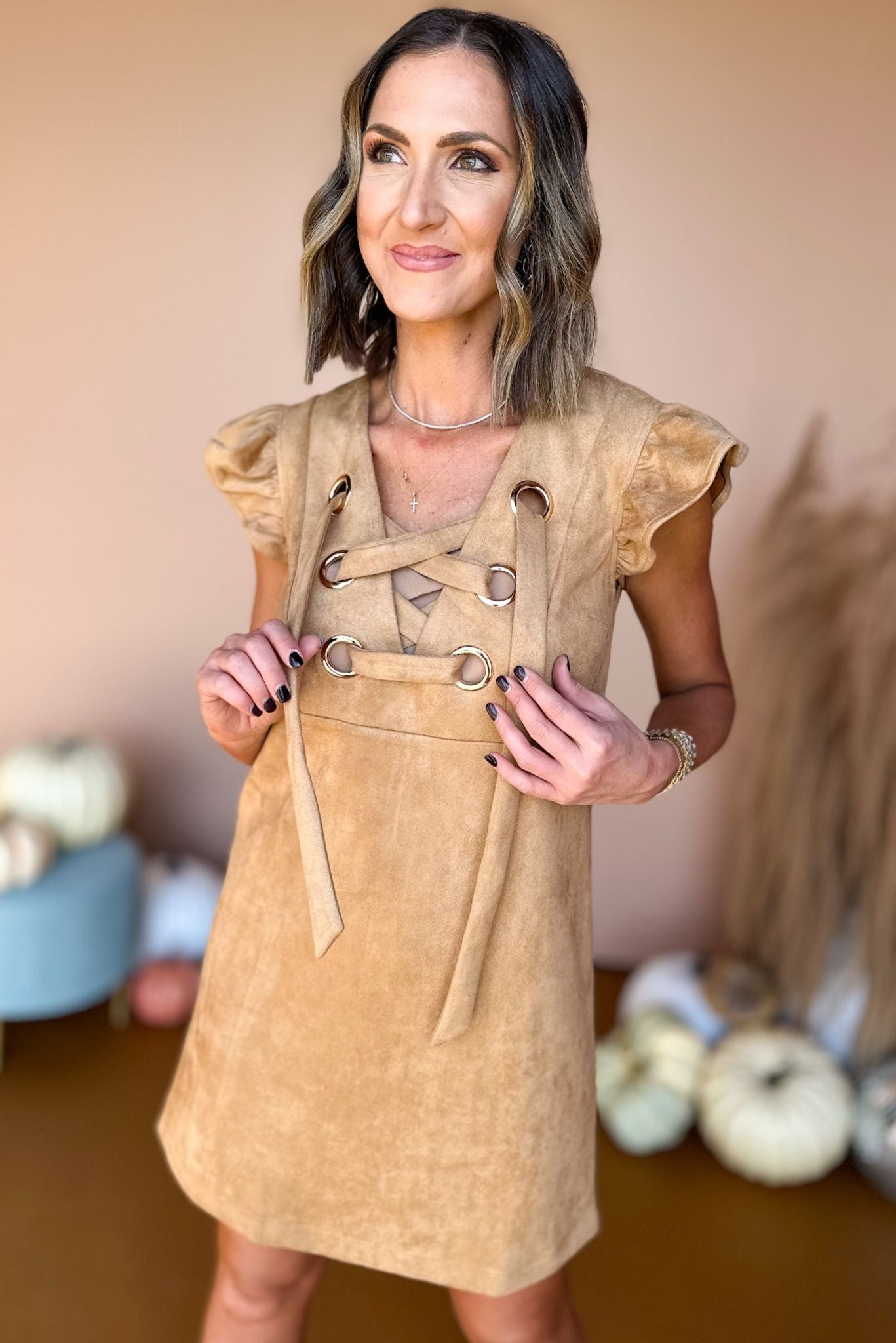 Taupe Lace Up Faux Suede Dress, must have dress, must have style, fall style, fall fashion, elevated style, elevated dress, mom style, fall collection, fall dress, shop style your senses by mallory fitzsimmons