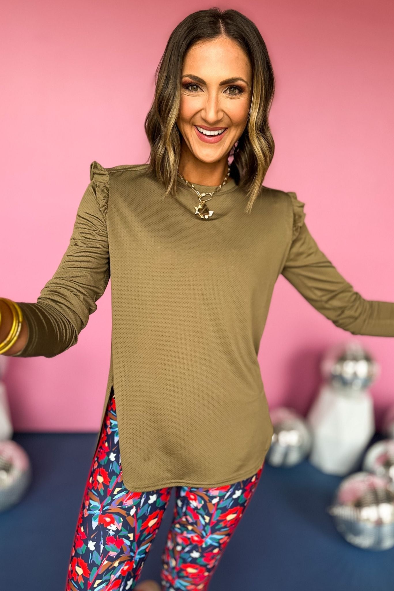 SSYS Olive Long Sleeve Ruffle Hem Active Top, must have top, must have athleisure, elevated style, elevated athleisure, mom style, active style, active wear, fall athleisure, fall style, comfortable style, elevated comfort, shop style your senses by mallory fitzsimmons