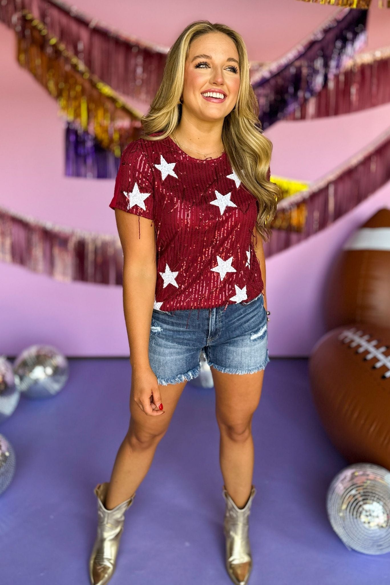 Load image into Gallery viewer, Crimson Sequin Star Round Neck Short Sleeve Top, game day style, gameday essential, game day look, game day top, must have gameday, alabama game day, aggie gameday, missouri gameday, elevated style, mom style, shop style your senses by mallory fitzsimmons
