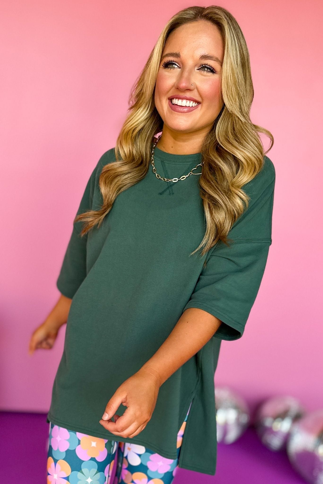 SSYS Hunter Green Longline Short Sleeve Side Slit Top,,  elevated top, elevated style, must have top, must have style, relaxed fit, relaxed style, athleisure, mom style, SSYS the label, SSYS athleisure, shop style your senses by mallory fitzsimmons