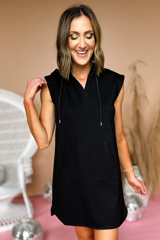 Load image into Gallery viewer, SSYS black Sleeveless Hooded Sweatshirt Dress, everyday wear, hood, front pocket, mom style, v neck, new arrival, shop style your senses by mallory fitzsimmons
